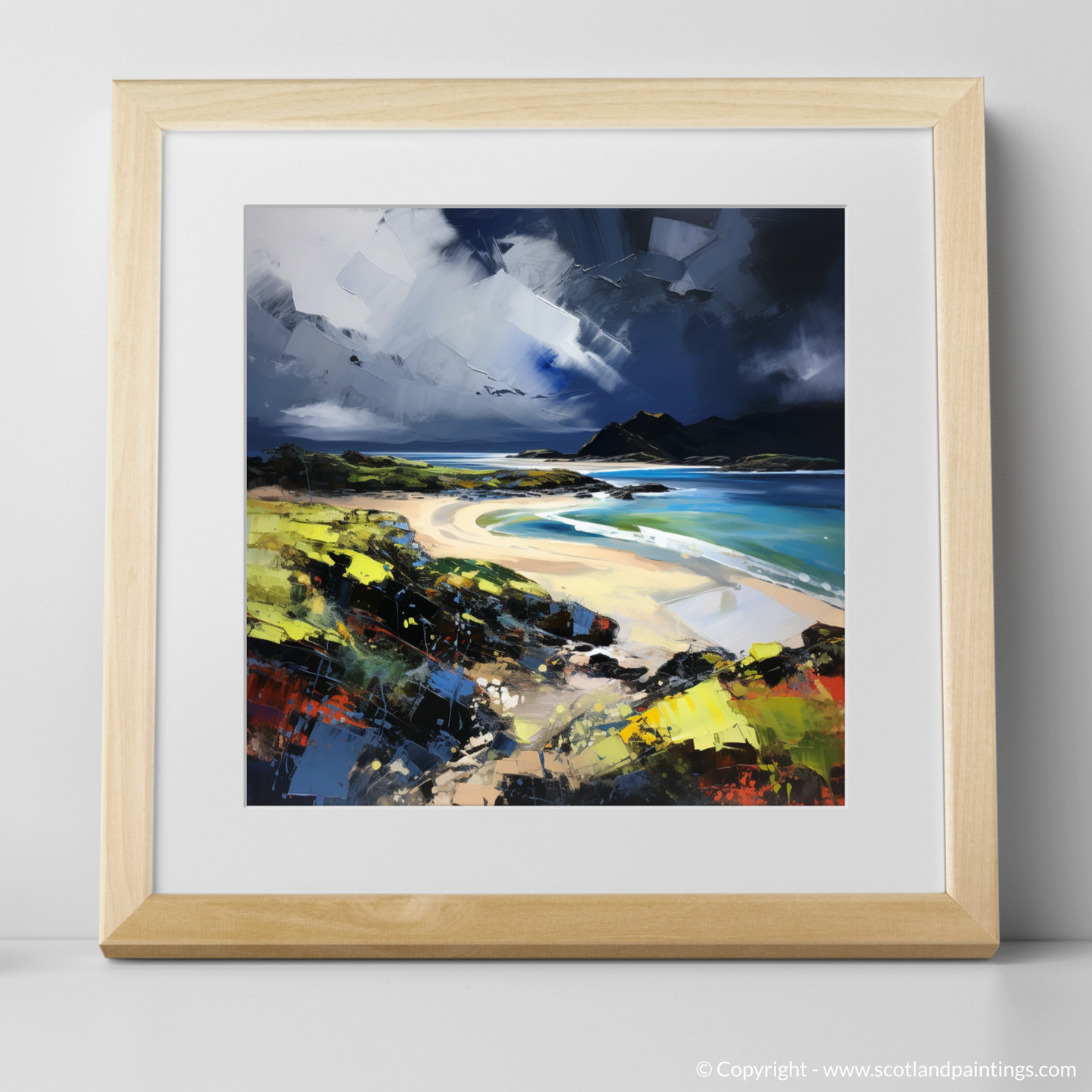 Painting and Art Print of Kiloran Bay with a stormy sky. Storm Over Kiloran Bay: An Expressionist Ode to Scottish Majesty.