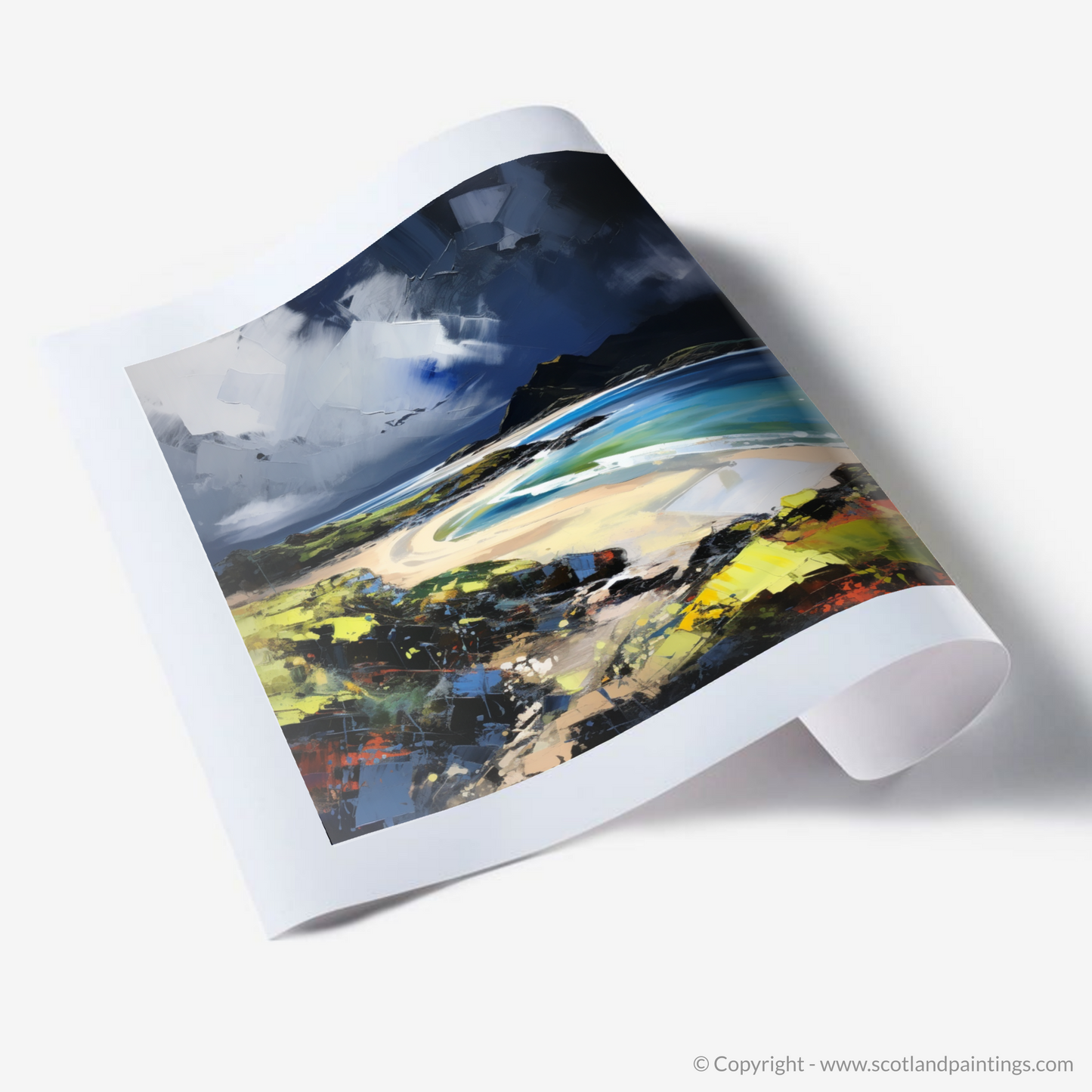 Painting and Art Print of Kiloran Bay with a stormy sky. Storm Over Kiloran Bay: An Expressionist Ode to Scottish Majesty.