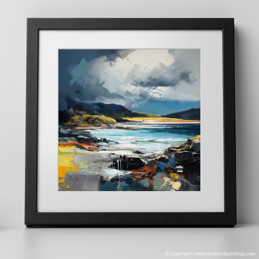 Art Print of Ardtun Bay with a stormy sky with a black frame