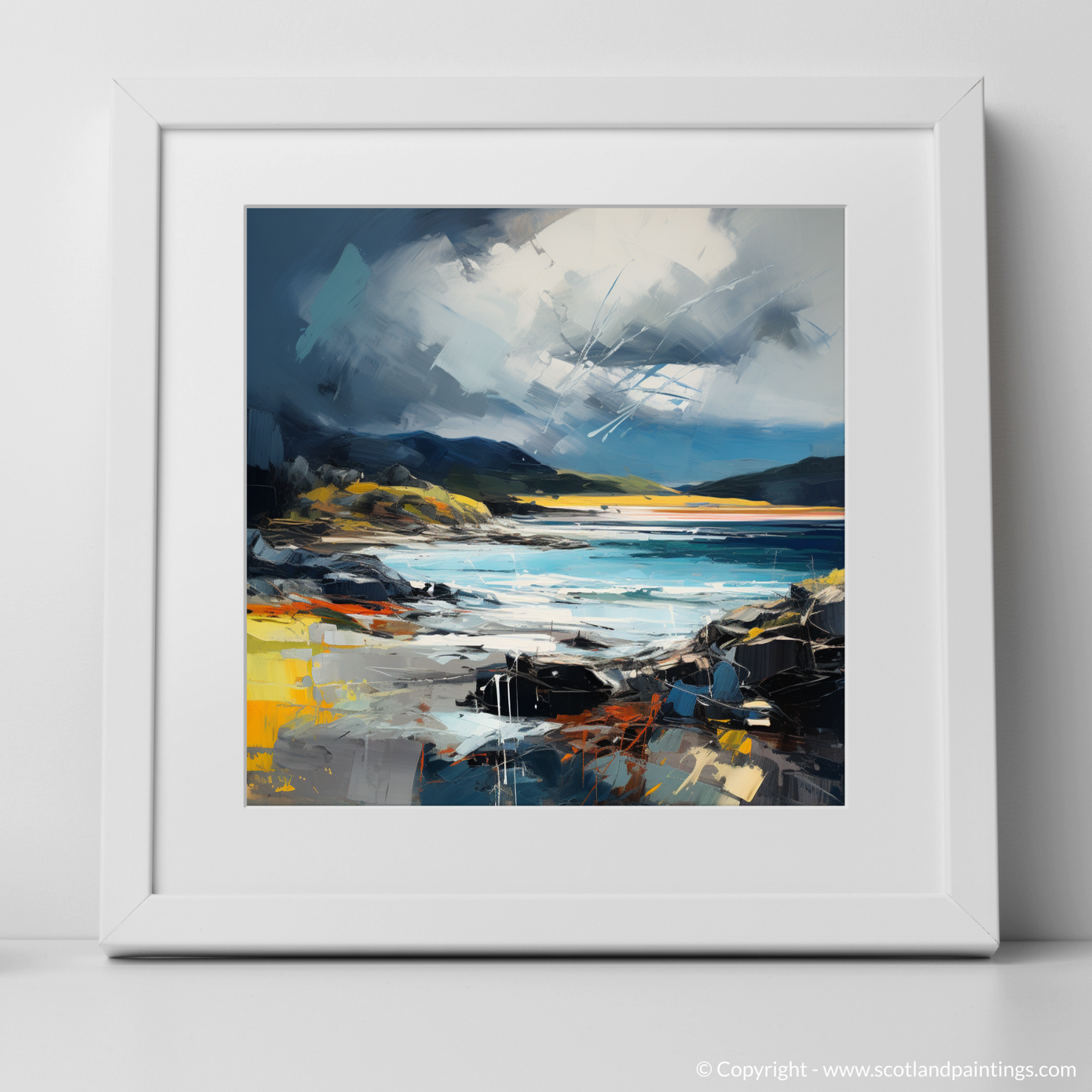 Art Print of Ardtun Bay with a stormy sky with a white frame