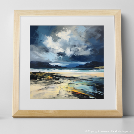 Art Print of Scarista Beach with a stormy sky with a natural frame