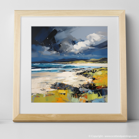 Art Print of Scarista Beach with a stormy sky with a natural frame