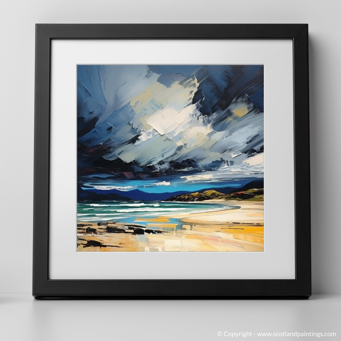 Art Print of Scarista Beach with a stormy sky with a black frame