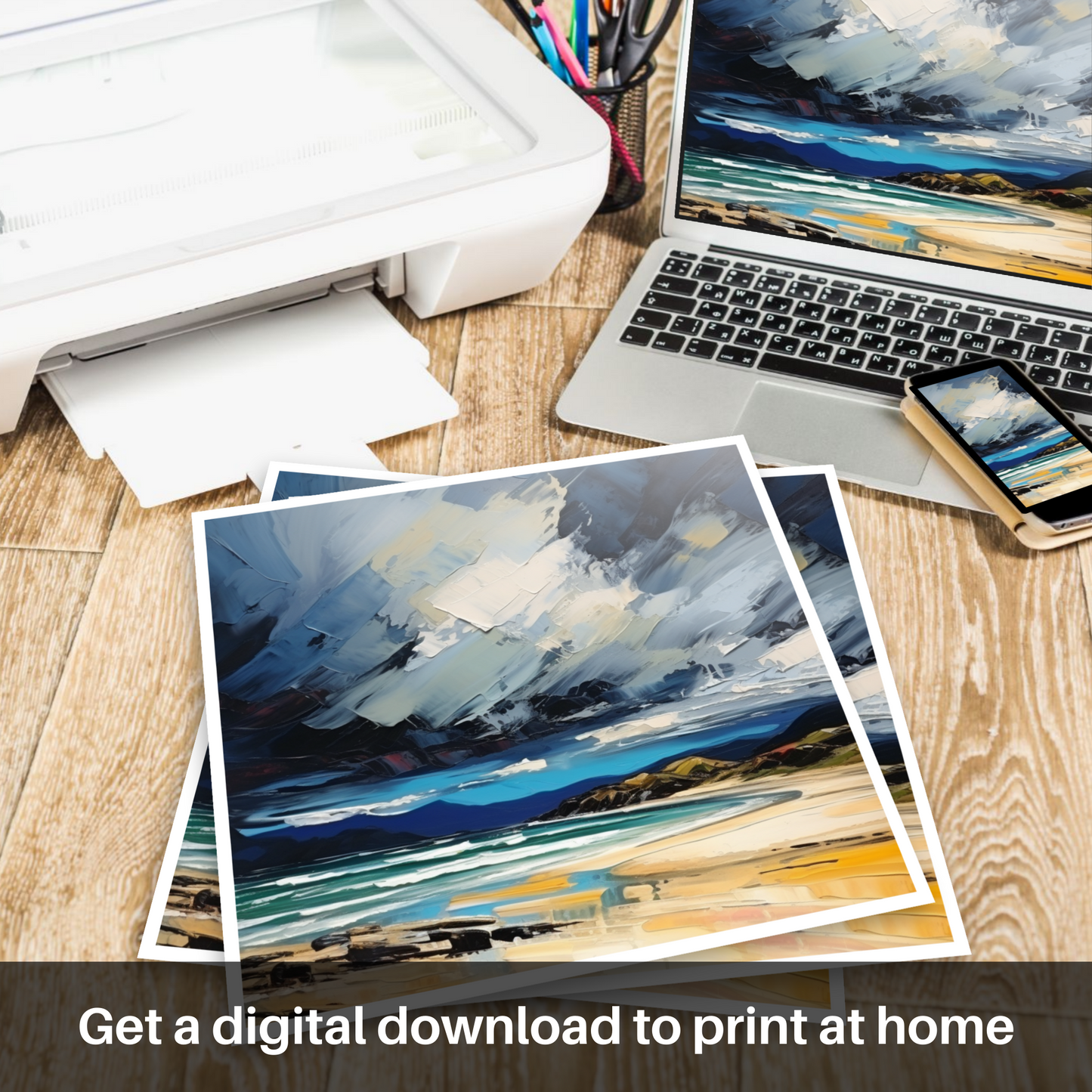 Downloadable and printable picture of Scarista Beach with a stormy sky