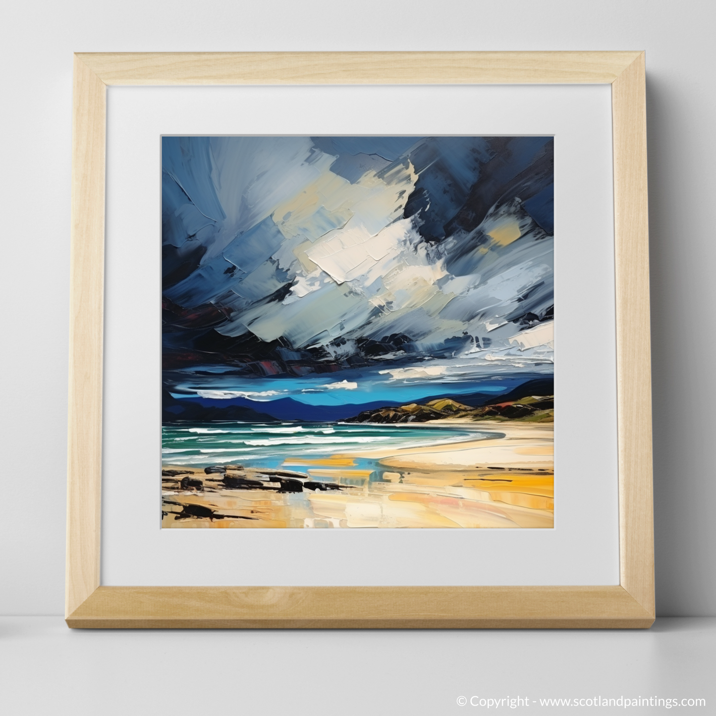 Art Print of Scarista Beach with a stormy sky with a natural frame