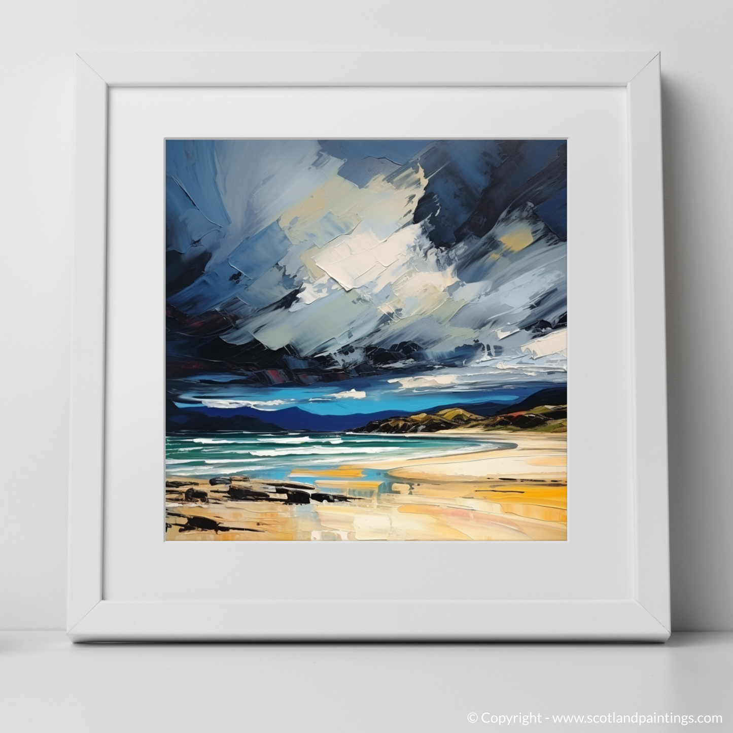 Art Print of Scarista Beach with a stormy sky with a white frame