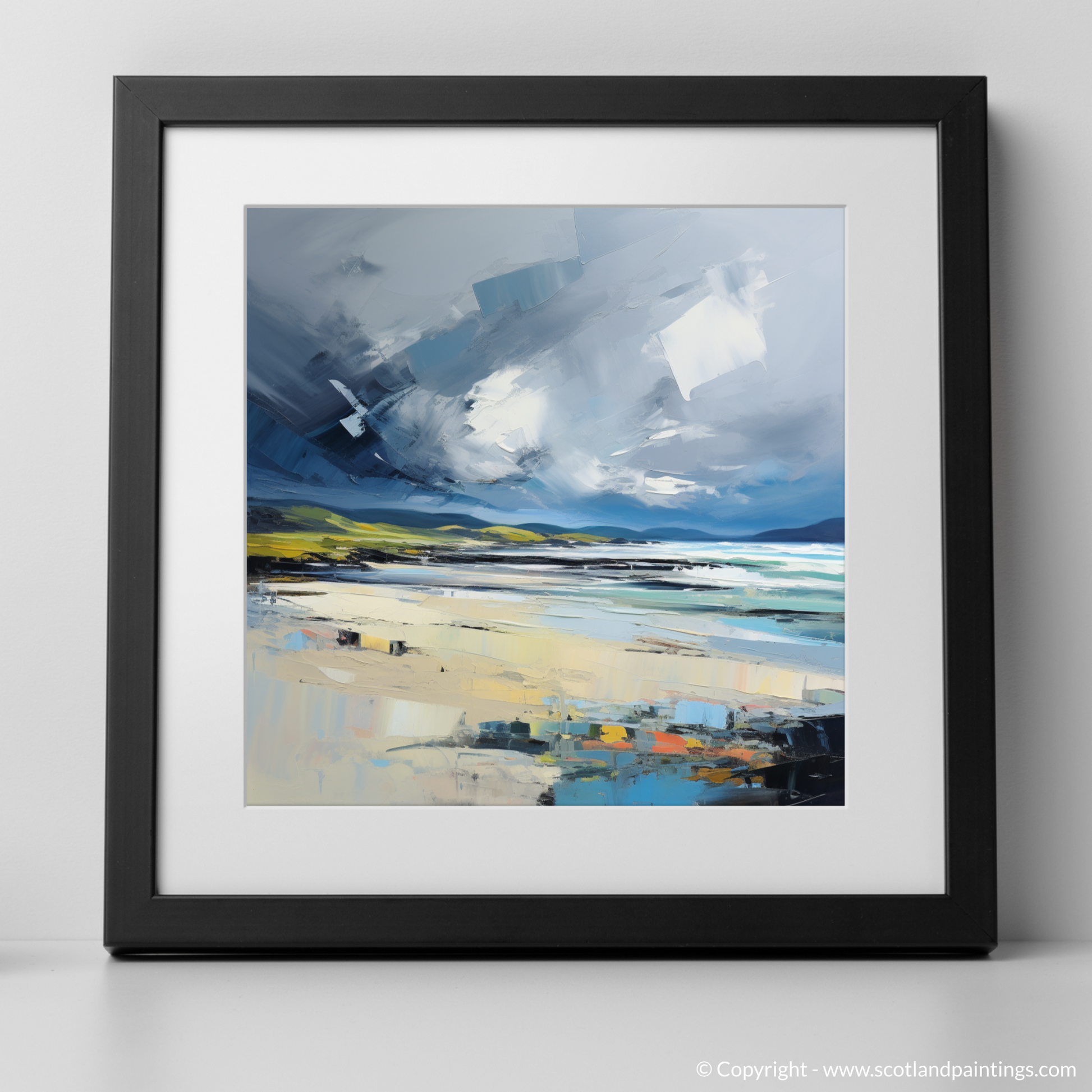 Art Print of Scarista Beach with a stormy sky with a black frame