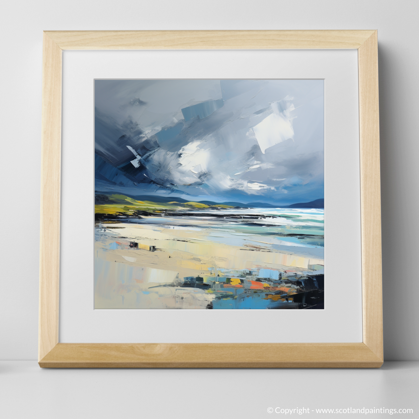 Art Print of Scarista Beach with a stormy sky with a natural frame