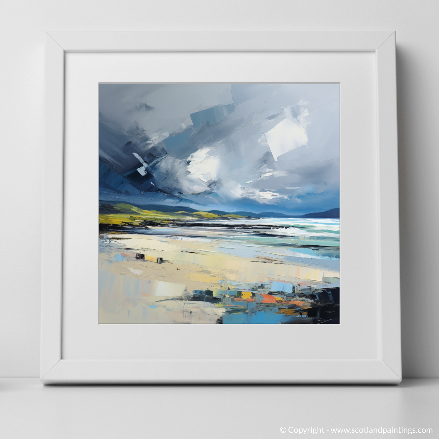 Art Print of Scarista Beach with a stormy sky with a white frame