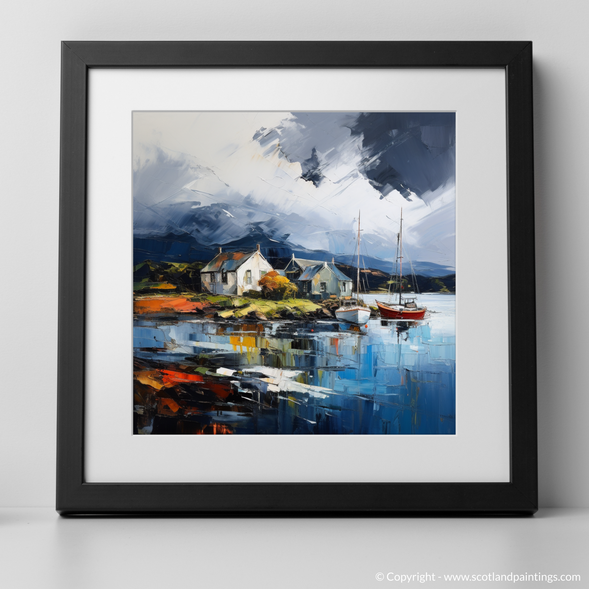 Art Print of Port Appin Harbour with a stormy sky with a black frame