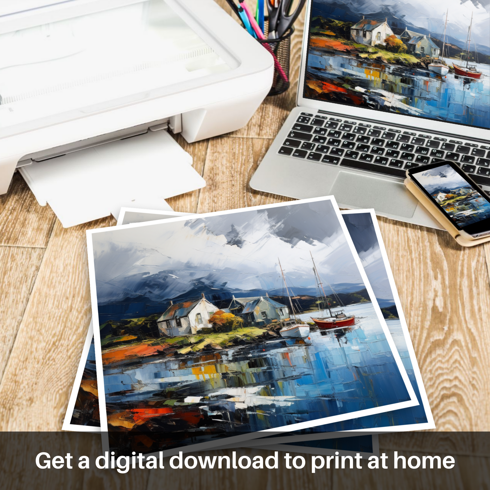 Downloadable and printable picture of Port Appin Harbour with a stormy sky