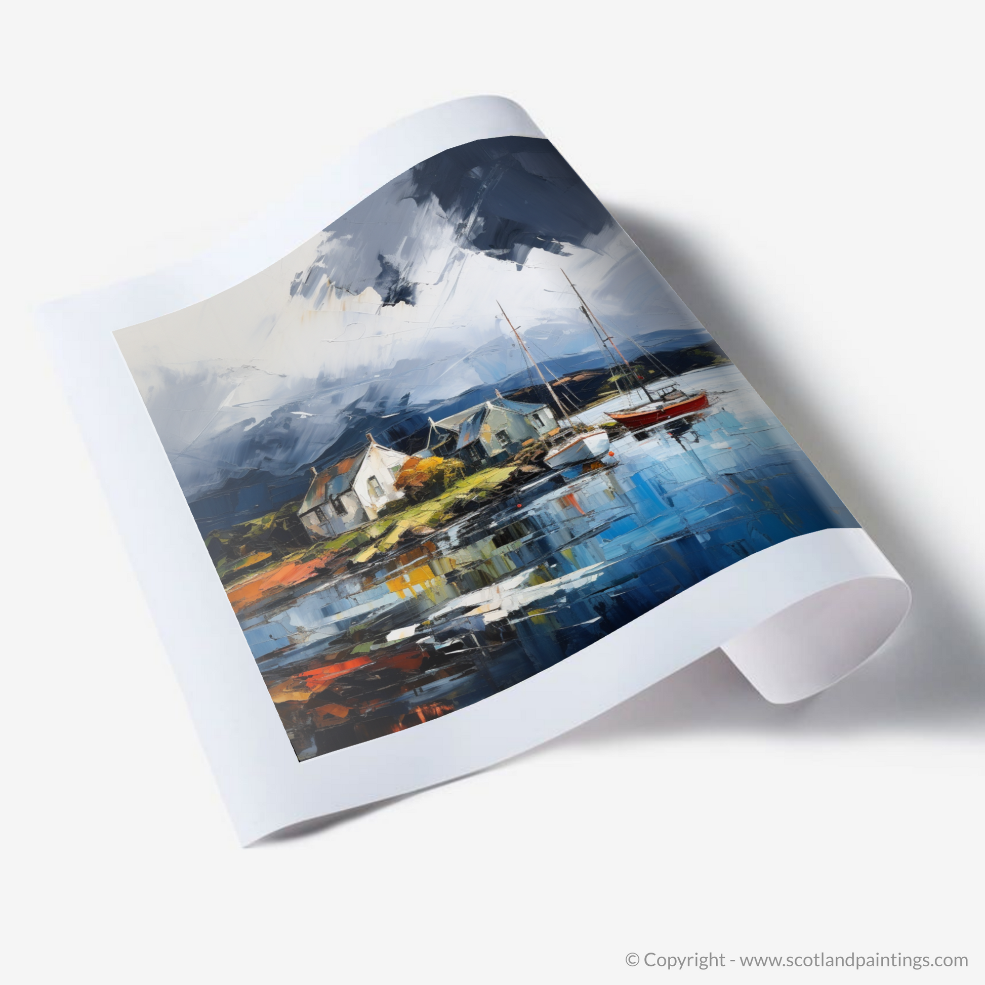Art Print of Port Appin Harbour with a stormy sky