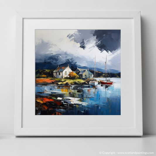 Art Print of Port Appin Harbour with a stormy sky with a white frame