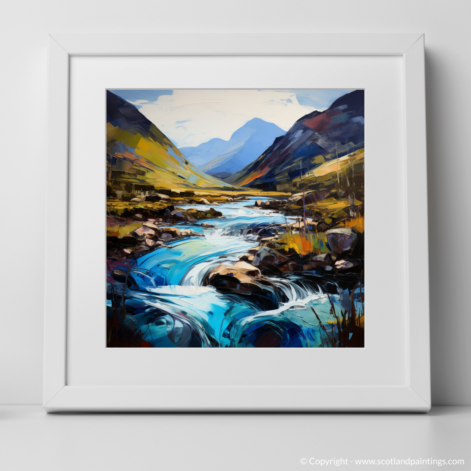 Art Print of River Coe, Glencoe, Highlands with a white frame