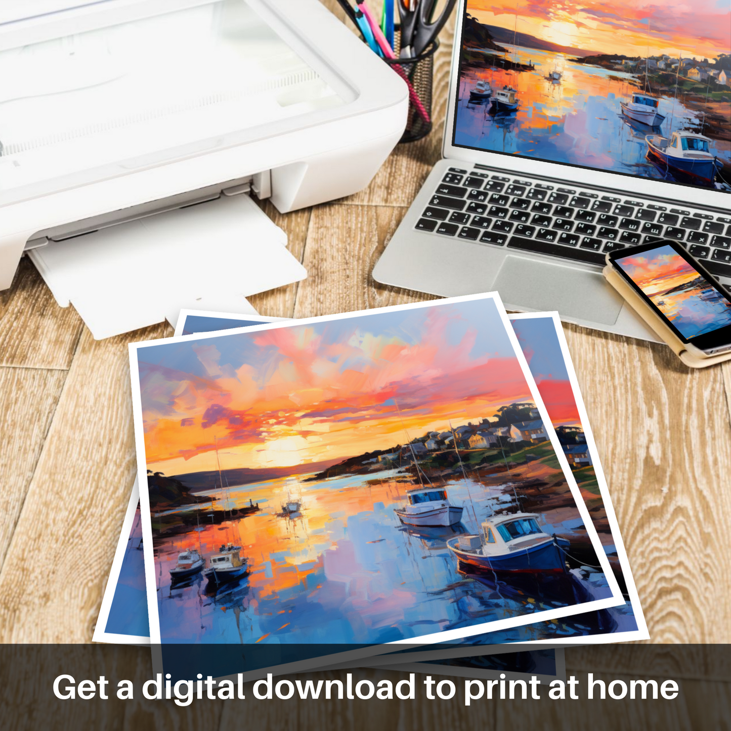 Painting and Art Print of Cullen Harbour at sunset. Sunset Serenity at Cullen Harbour.