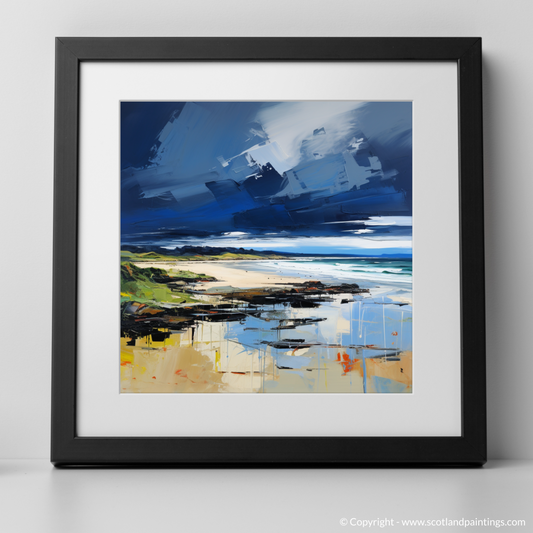 Art Print of West Sands with a stormy sky with a black frame