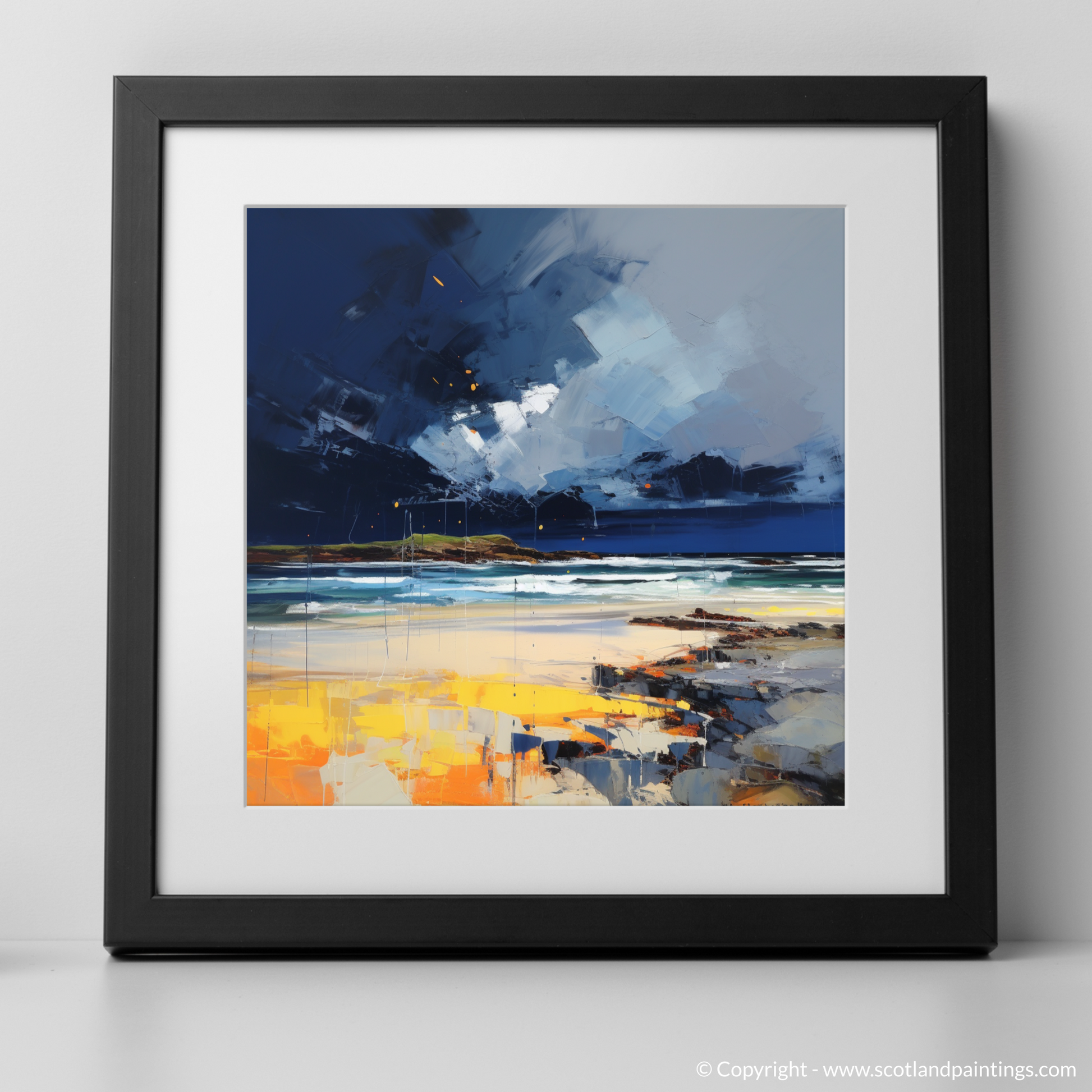 Art Print of West Sands with a stormy sky with a black frame