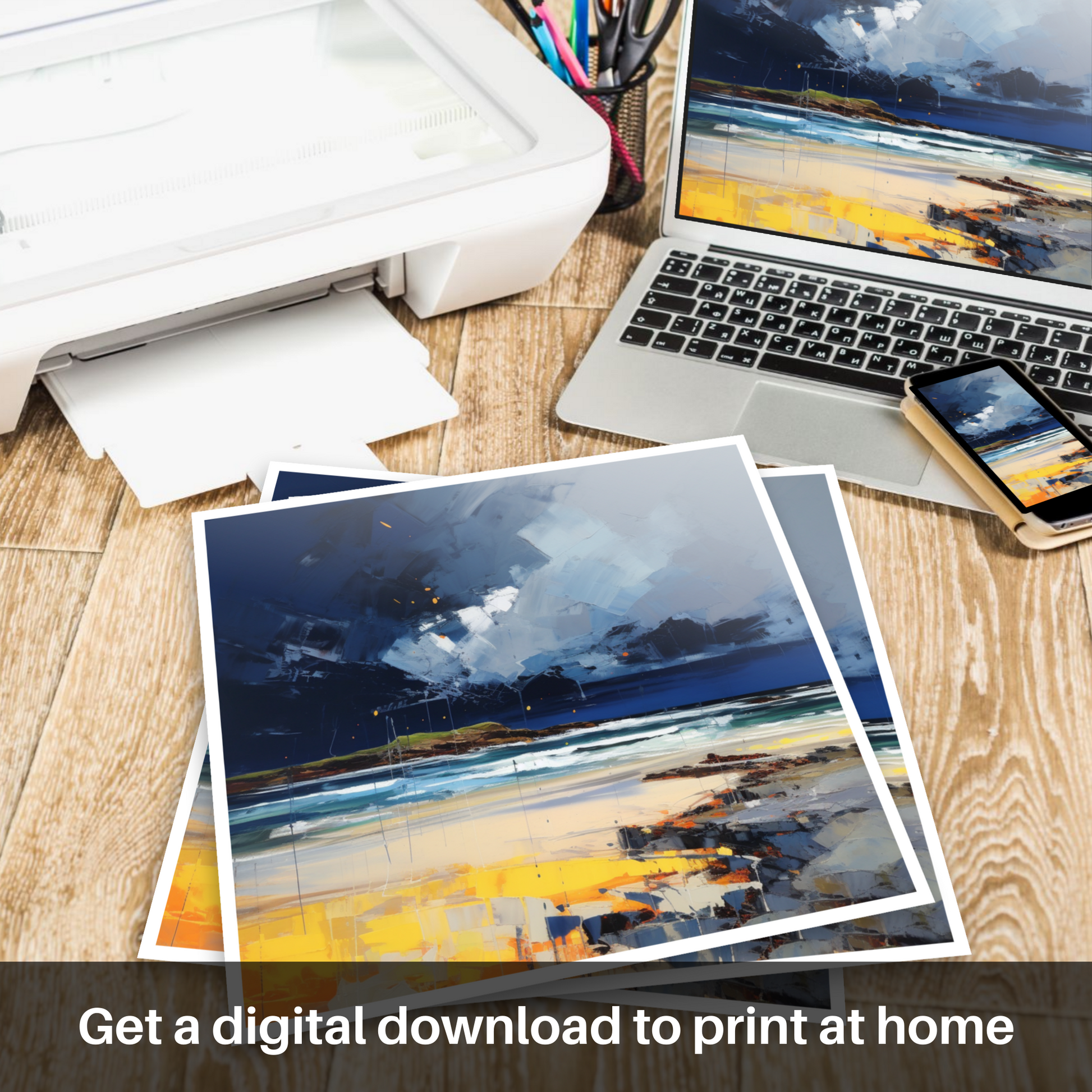 Downloadable and printable picture of West Sands with a stormy sky