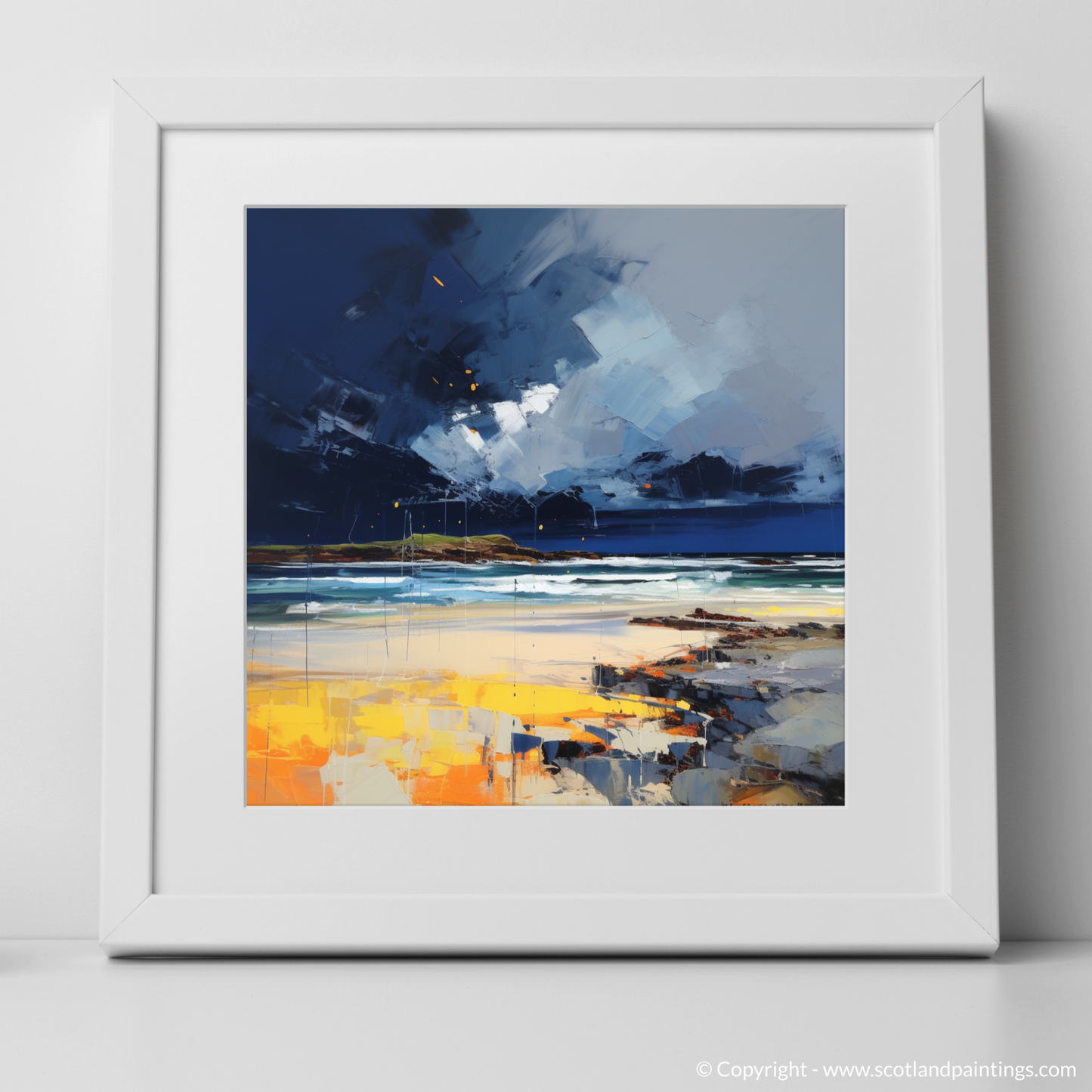 Art Print of West Sands with a stormy sky with a white frame