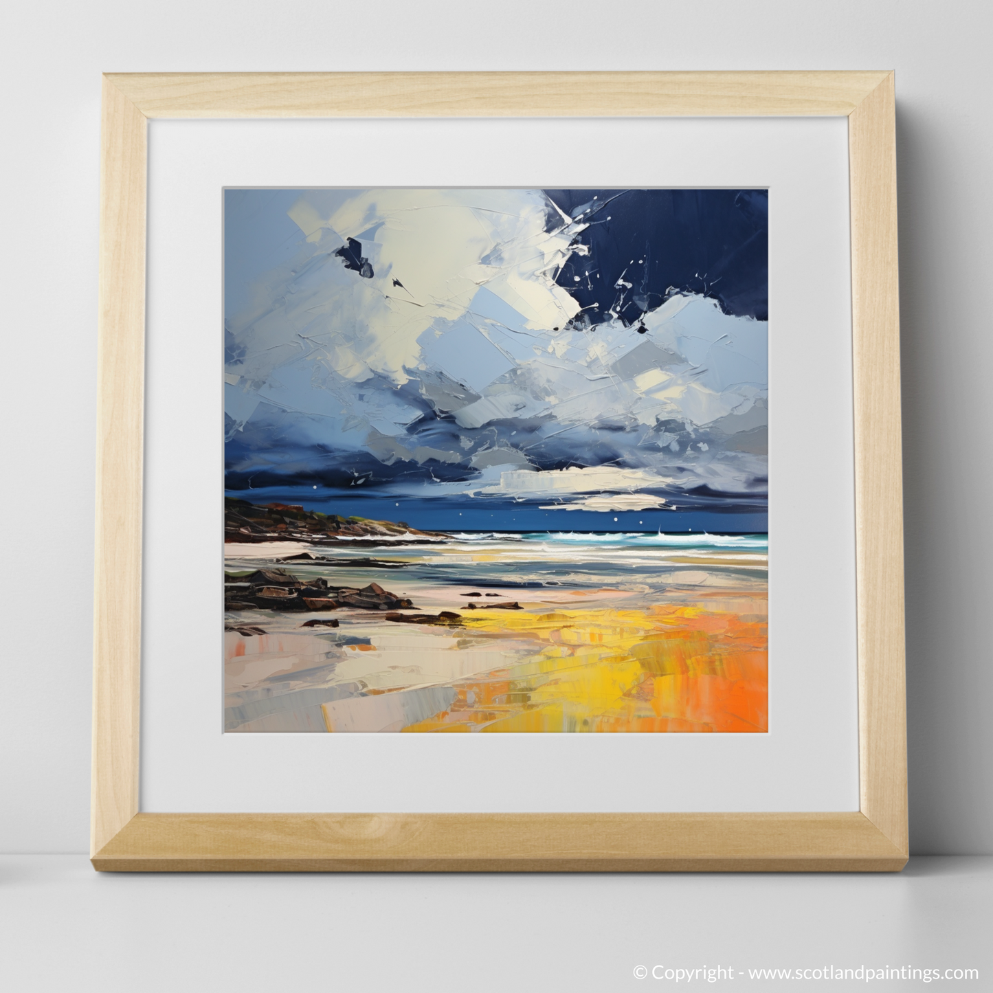 Art Print of West Sands with a stormy sky with a natural frame