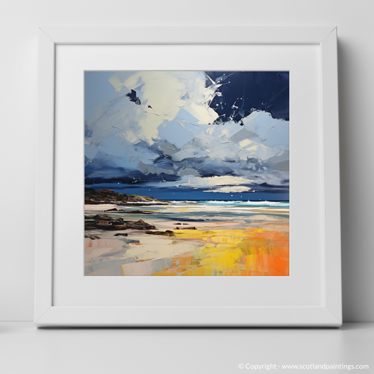 Art Print of West Sands with a stormy sky with a white frame