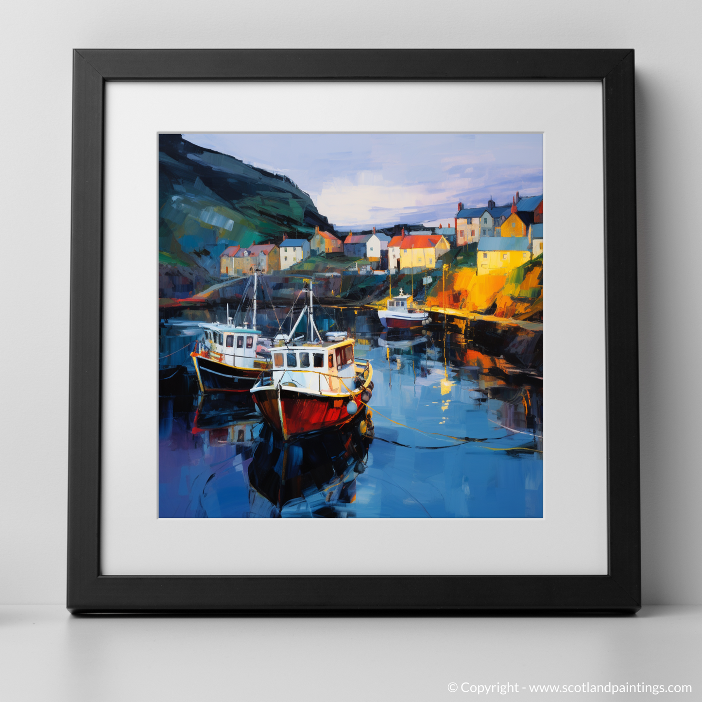 Art Print of Gardenstown Harbour at dusk with a black frame