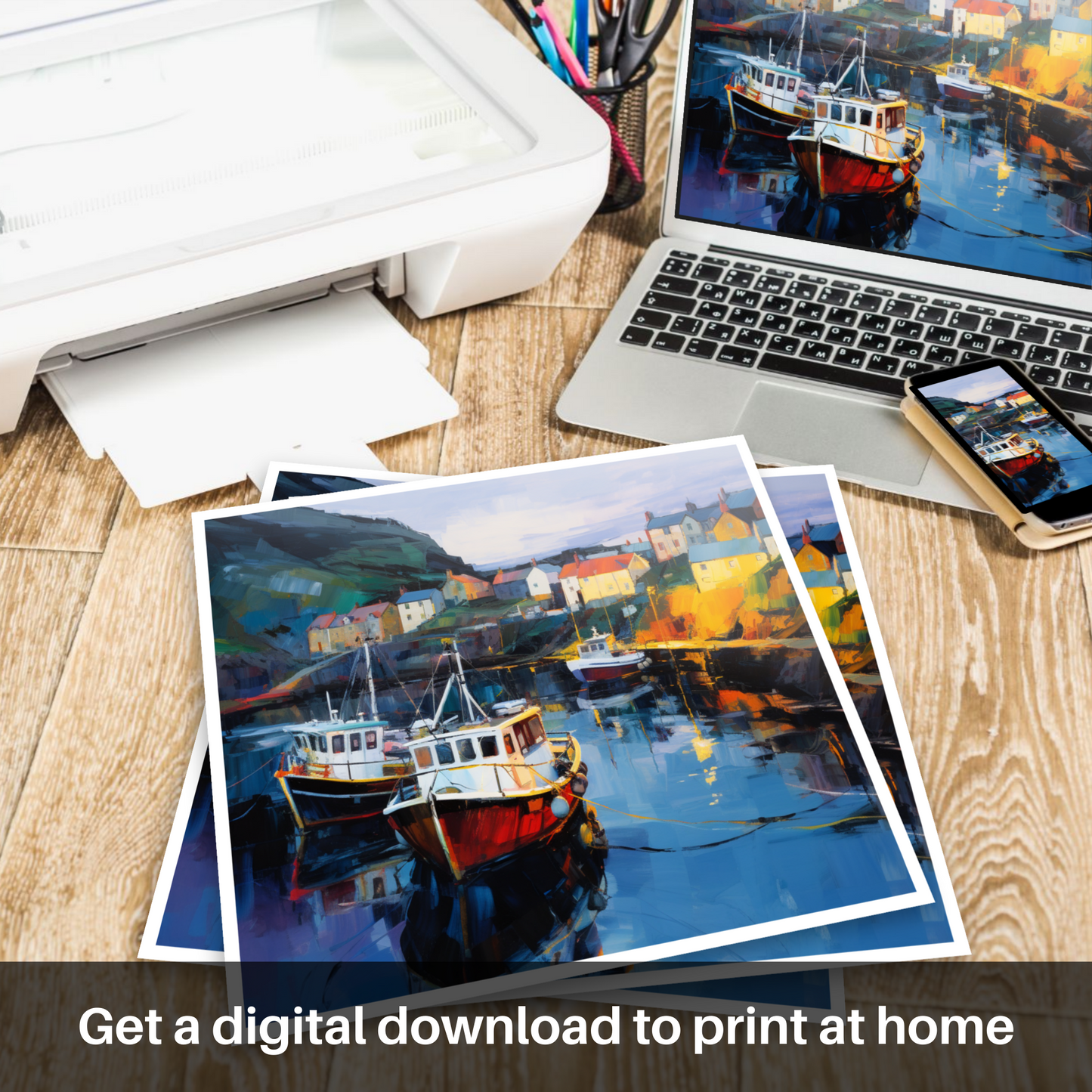 Downloadable and printable picture of Gardenstown Harbour at dusk