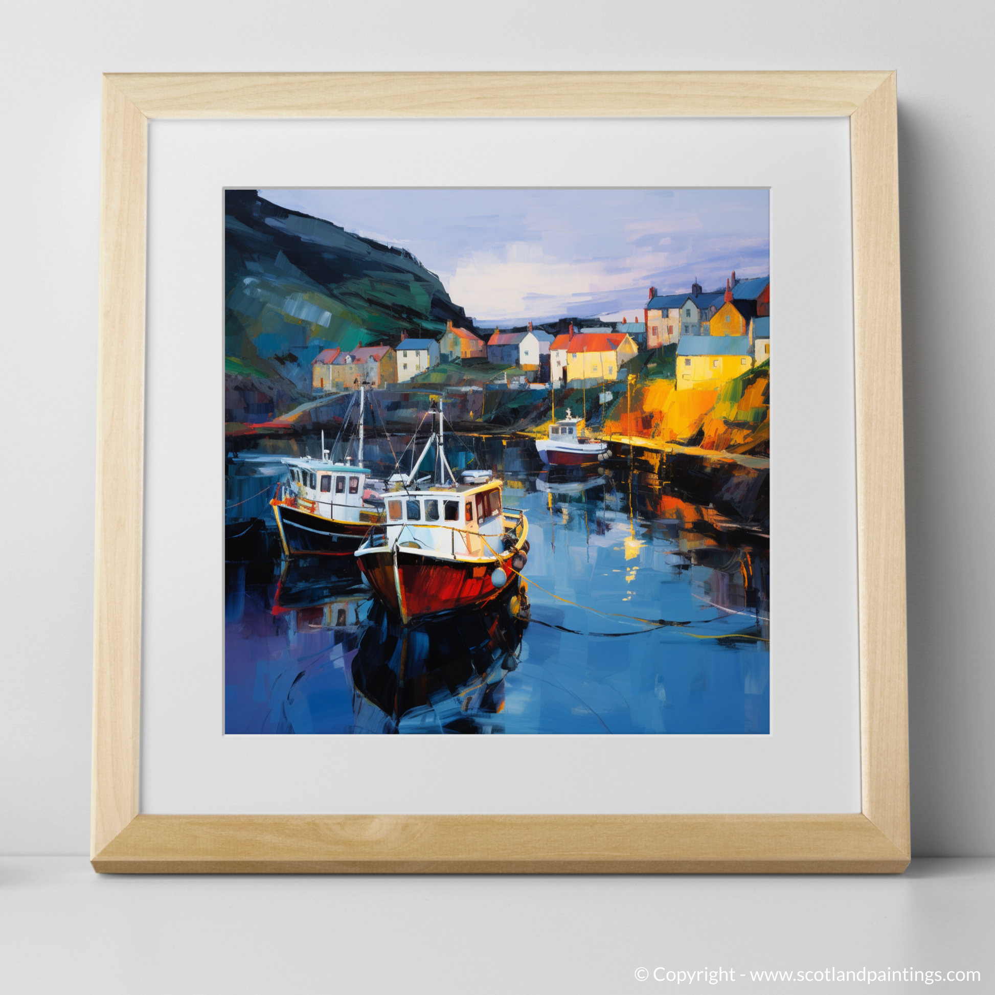 Art Print of Gardenstown Harbour at dusk with a natural frame