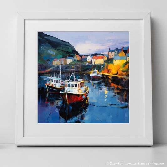 Art Print of Gardenstown Harbour at dusk with a white frame