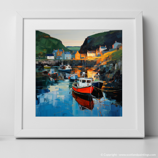 Art Print of Gardenstown Harbour at dusk with a white frame