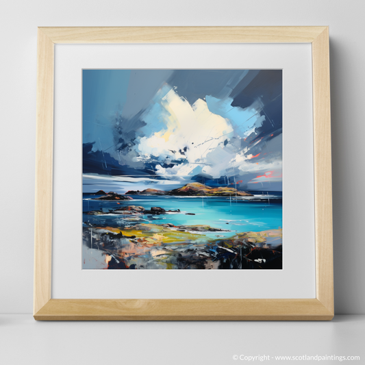 Art Print of Achmelvich Bay with a stormy sky with a natural frame