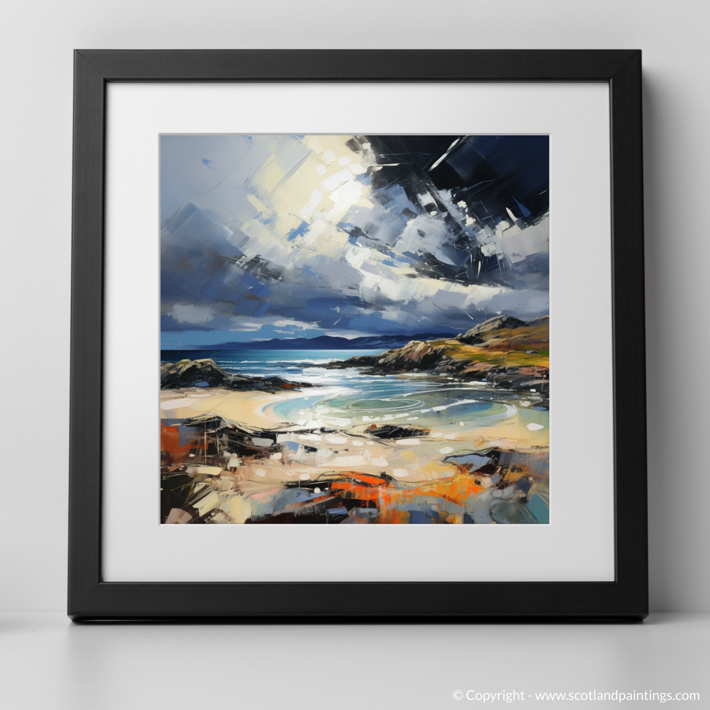 Art Print of Achmelvich Bay with a stormy sky with a black frame