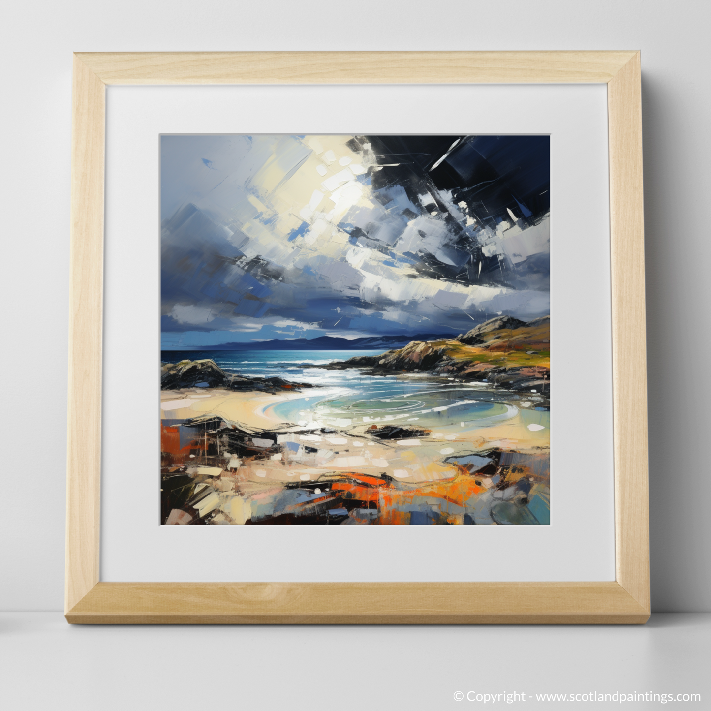 Art Print of Achmelvich Bay with a stormy sky with a natural frame