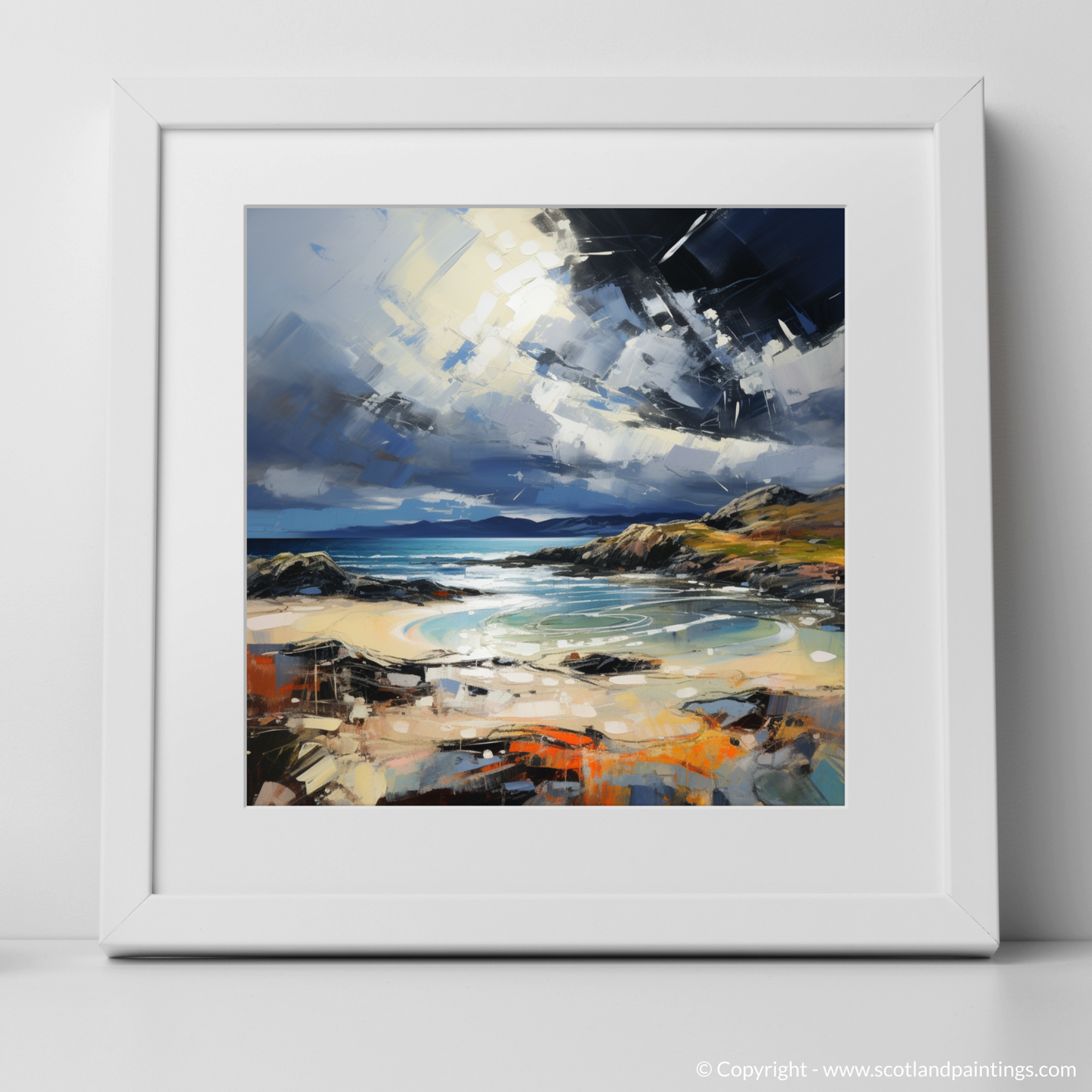 Art Print of Achmelvich Bay with a stormy sky with a white frame