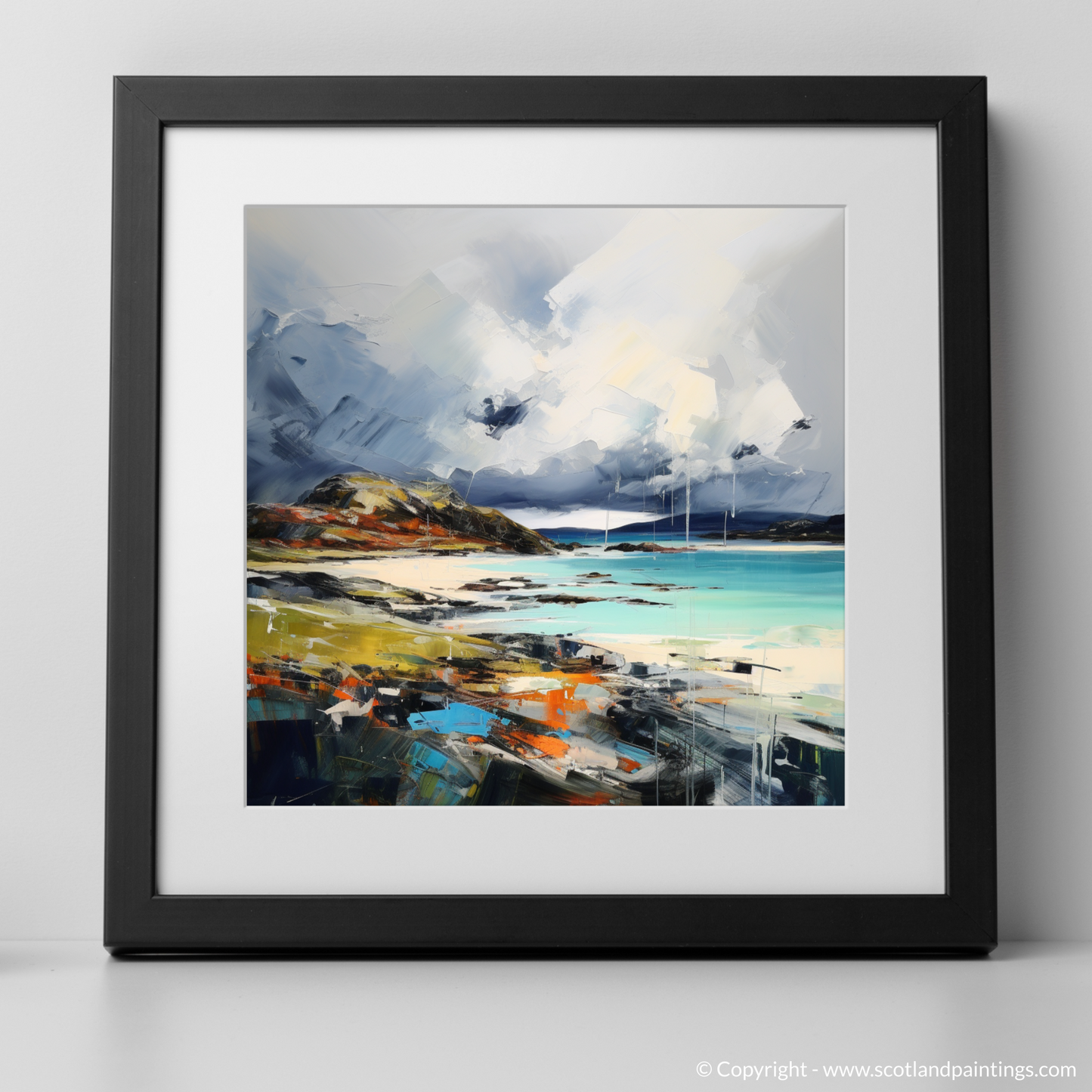 Art Print of Achmelvich Bay with a stormy sky with a black frame