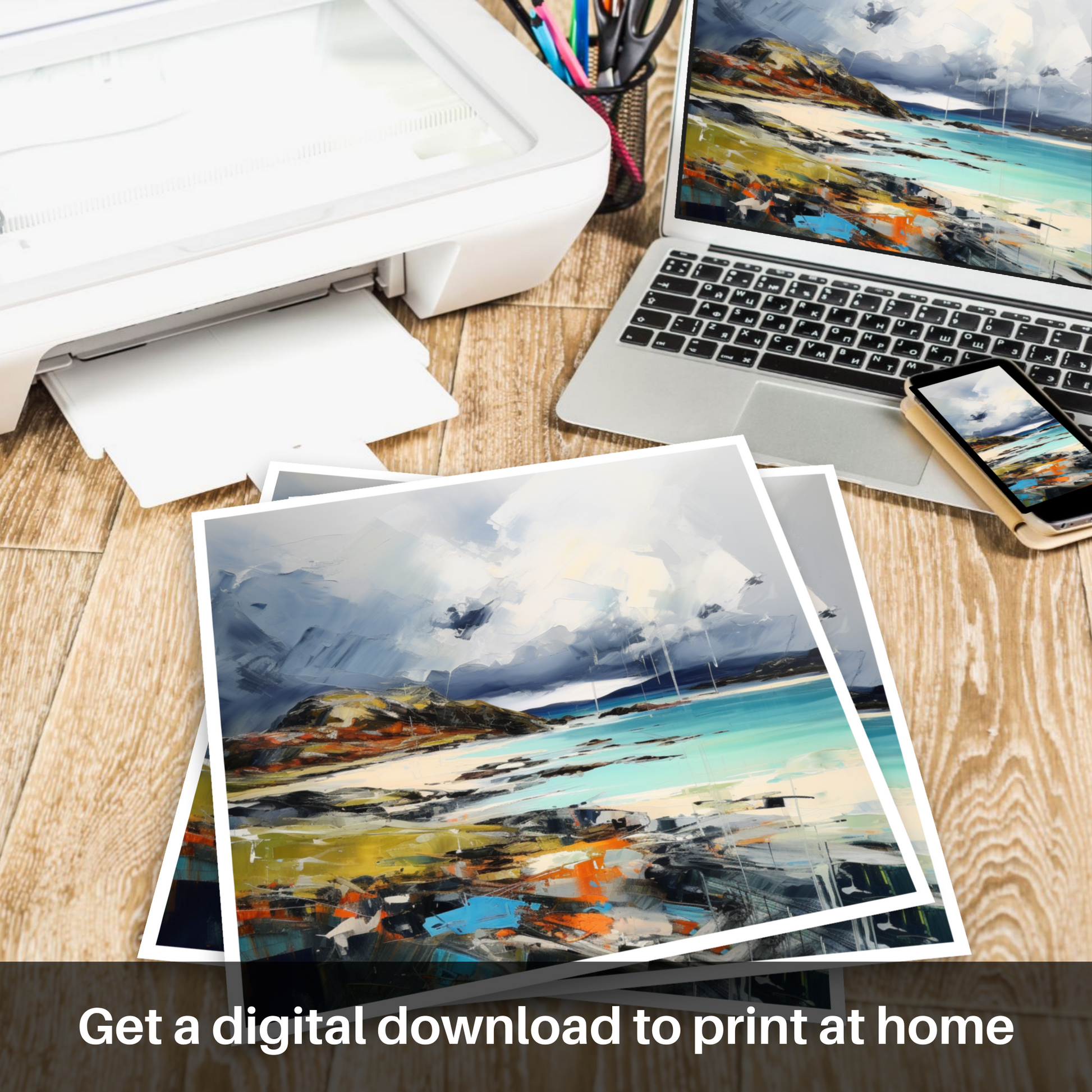 Downloadable and printable picture of Achmelvich Bay with a stormy sky