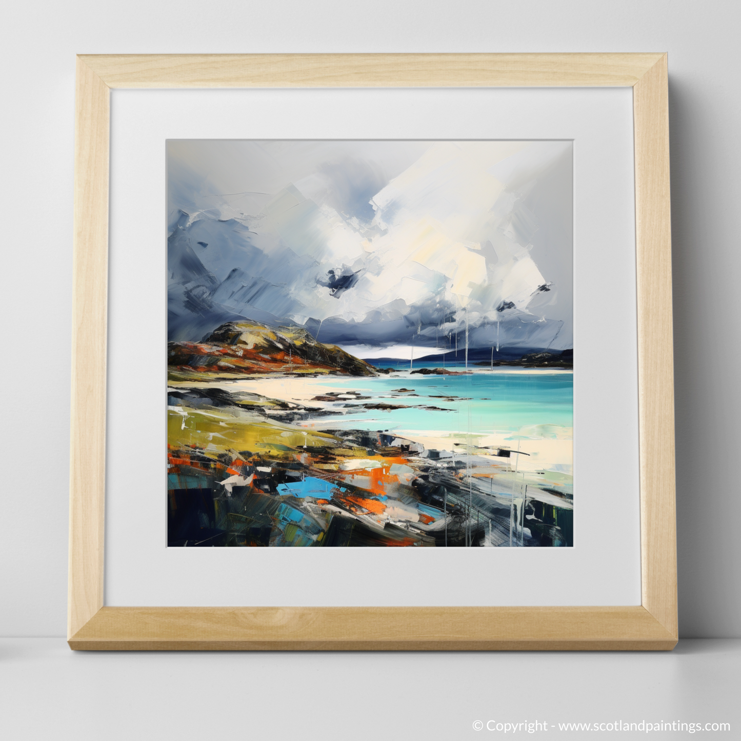 Art Print of Achmelvich Bay with a stormy sky with a natural frame