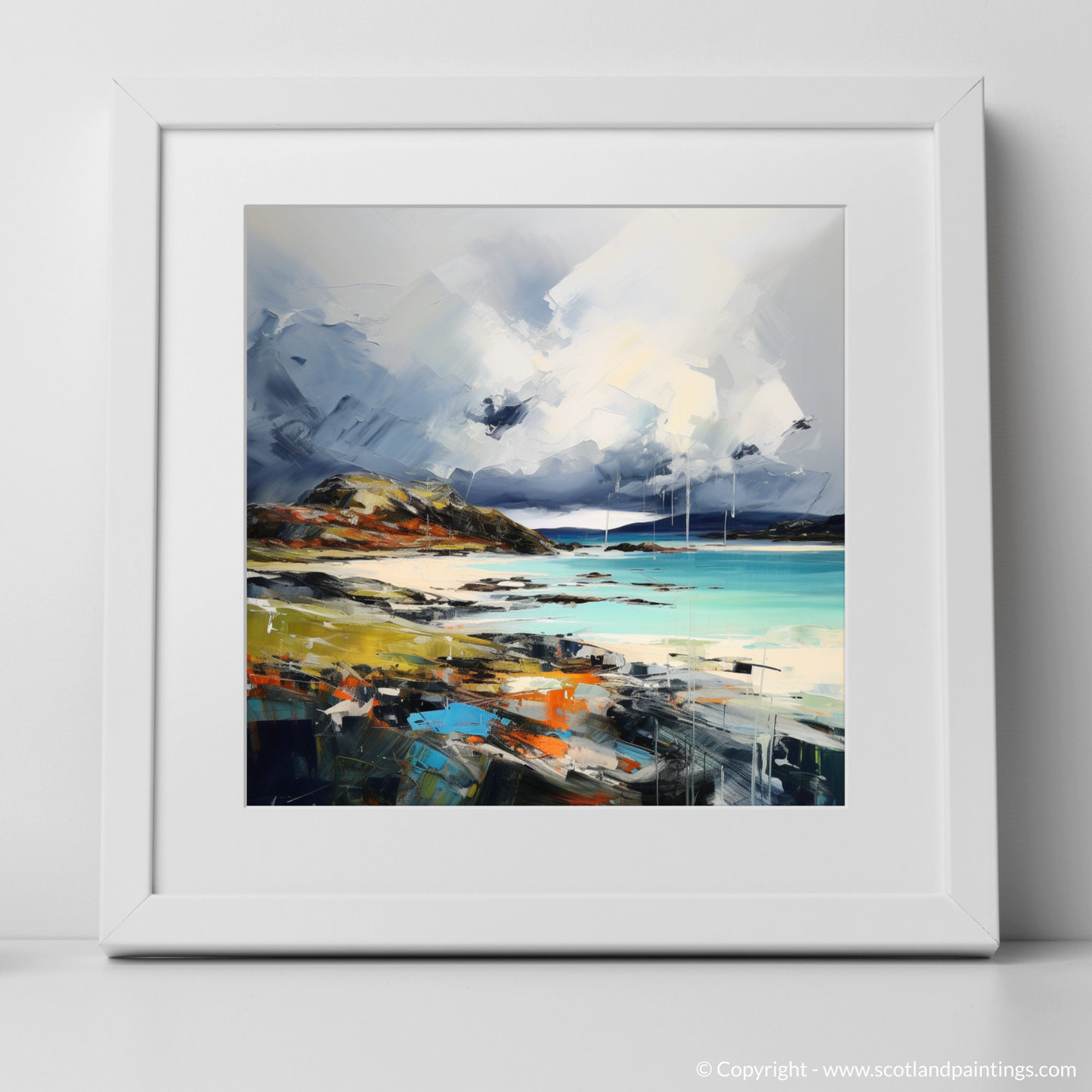 Art Print of Achmelvich Bay with a stormy sky with a white frame