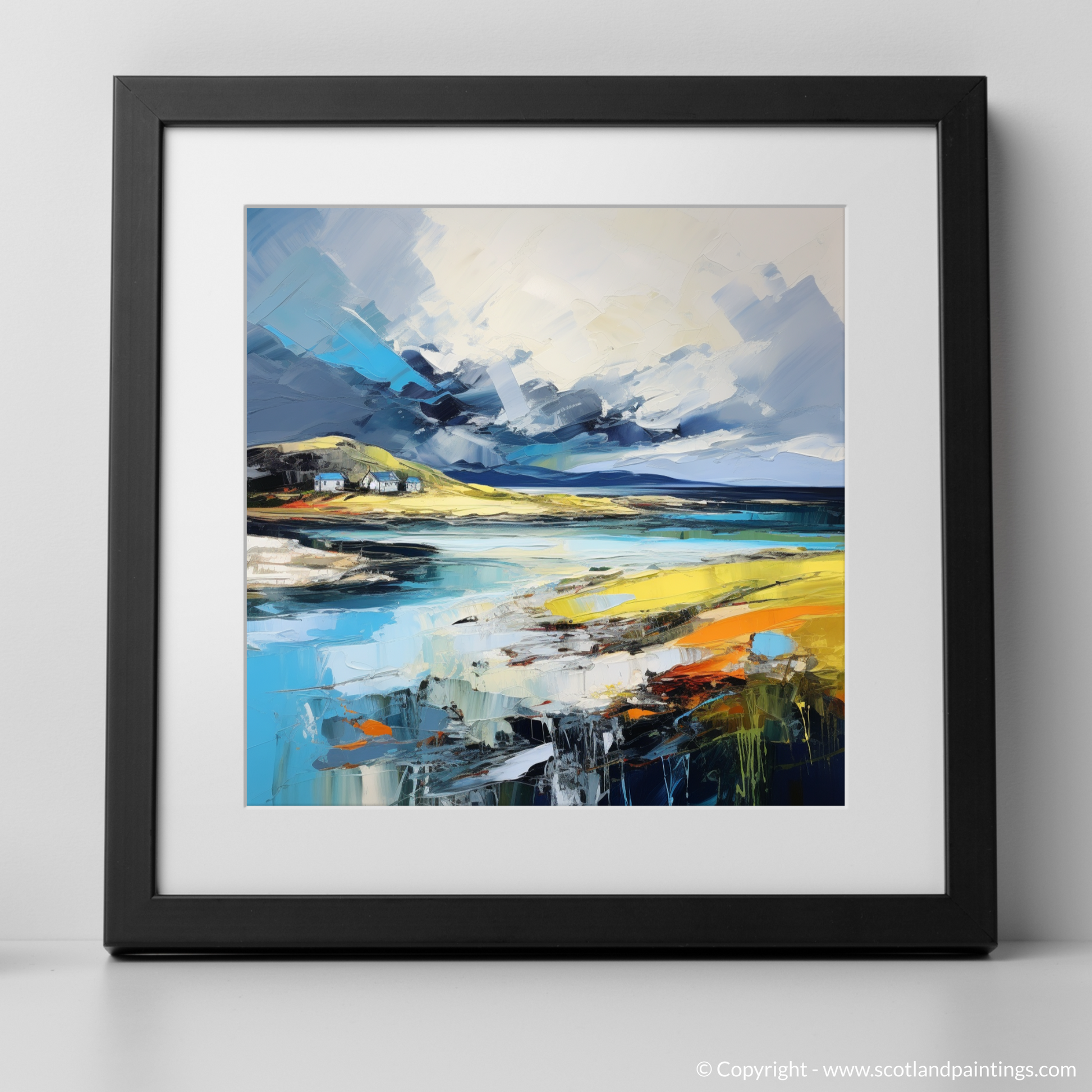 Art Print of Achmelvich Bay with a stormy sky with a black frame