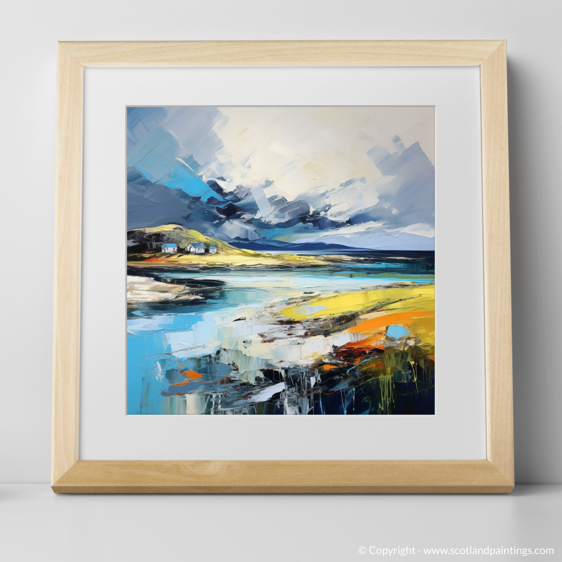Art Print of Achmelvich Bay with a stormy sky with a natural frame