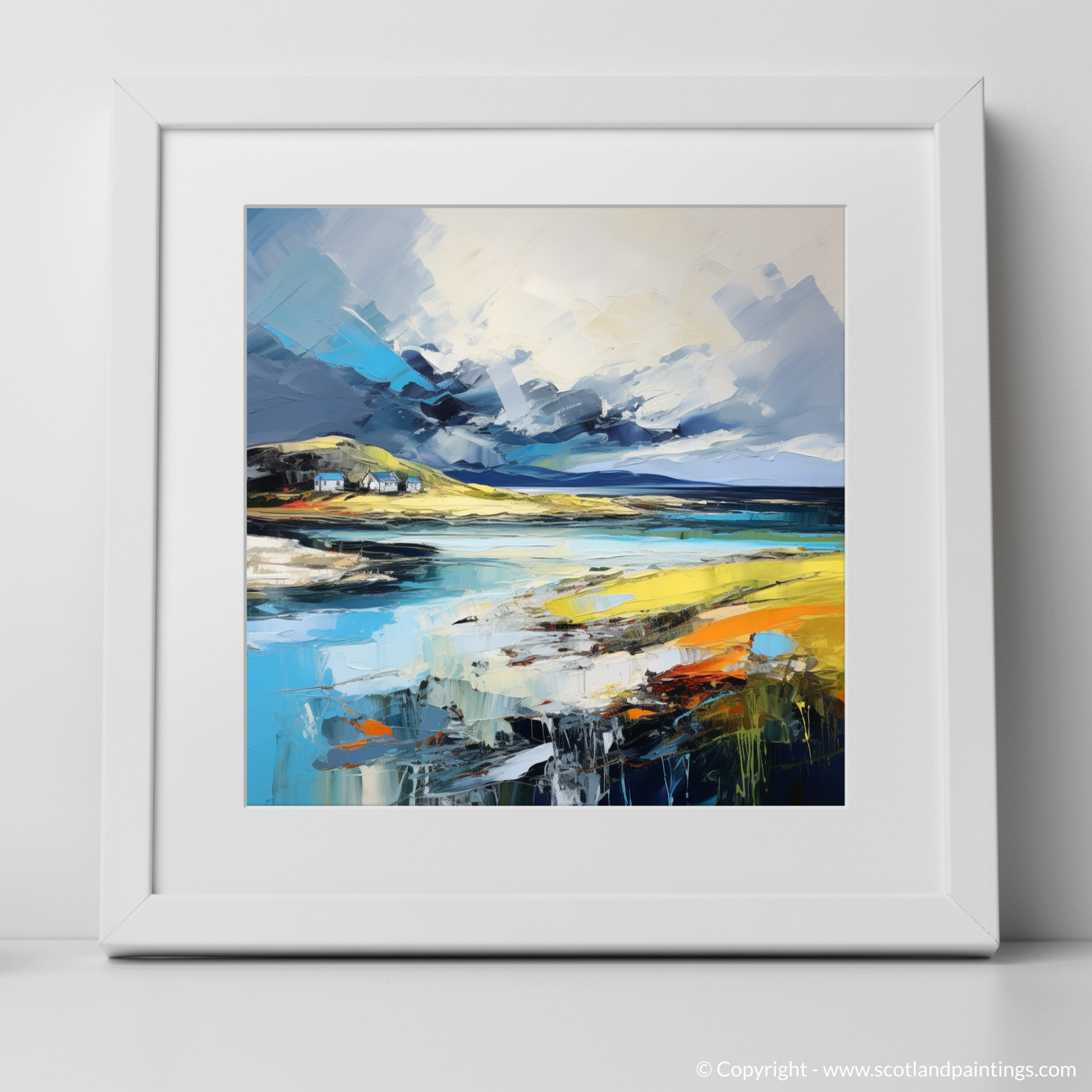 Art Print of Achmelvich Bay with a stormy sky with a white frame