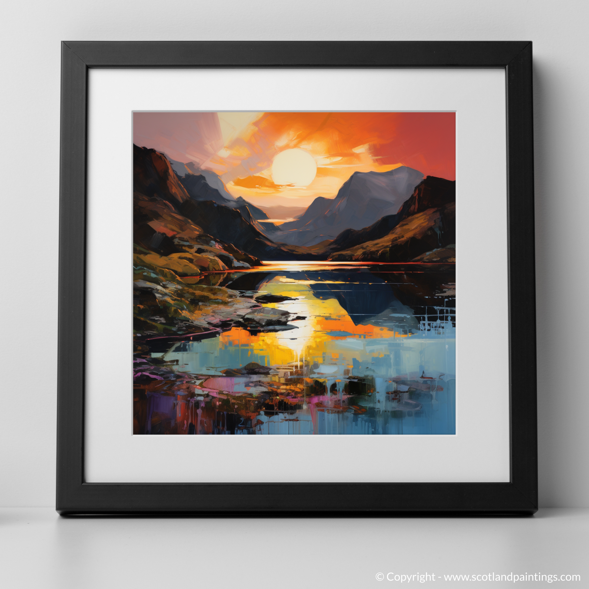 Art Print of Loch Coruisk at sunset with a black frame