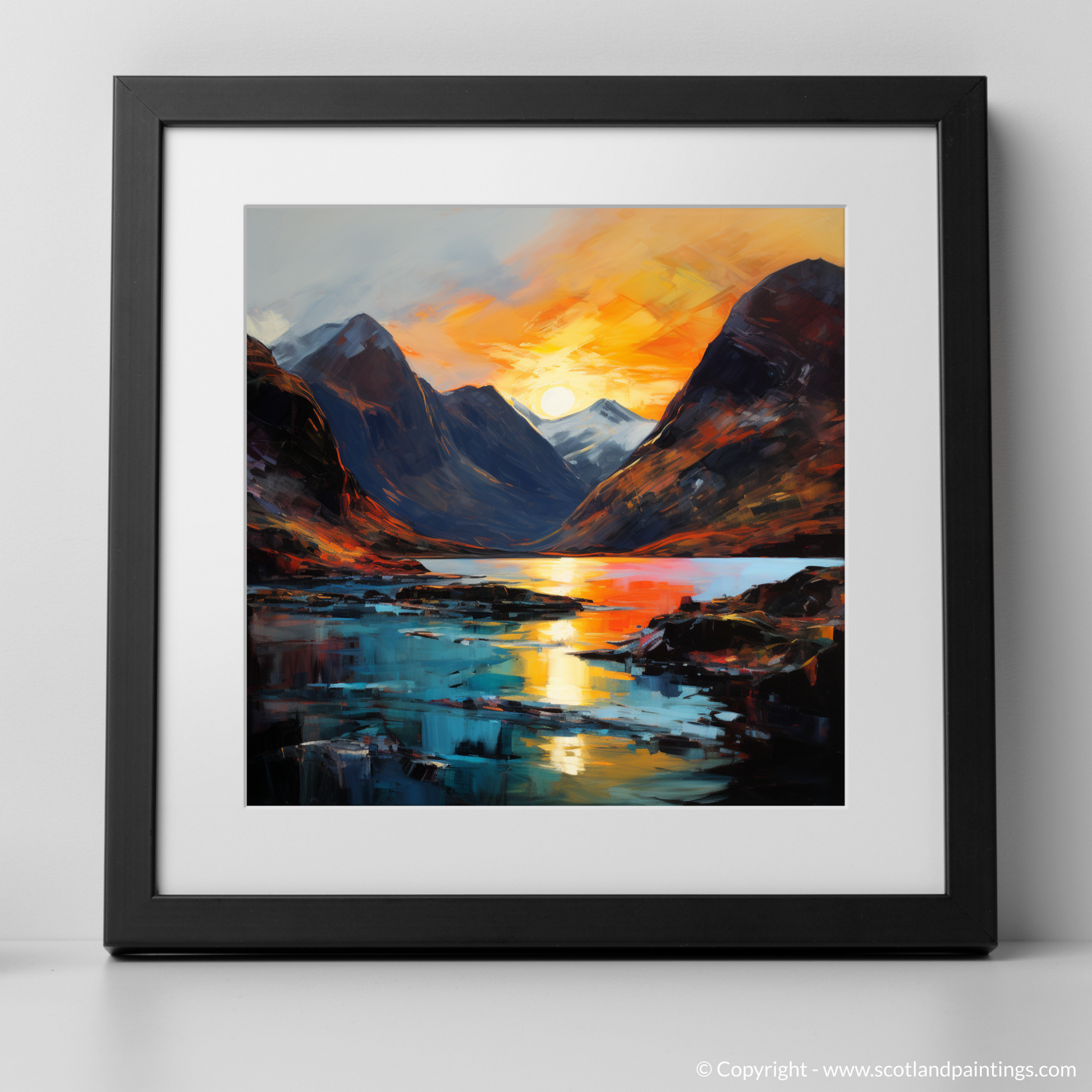 Art Print of Loch Coruisk at sunset with a black frame