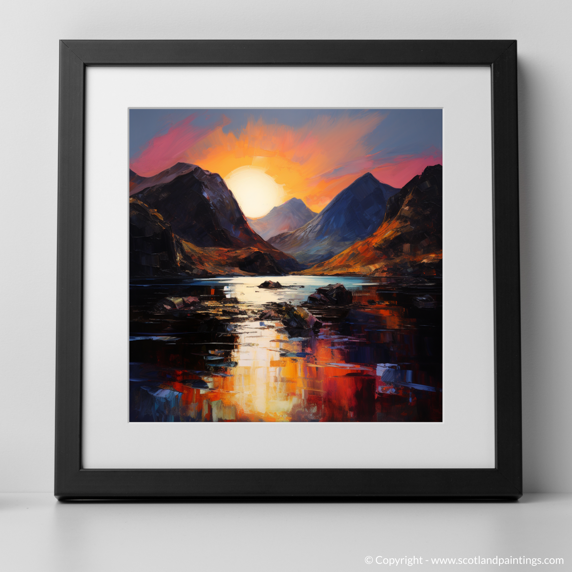 Art Print of Loch Coruisk at sunset with a black frame