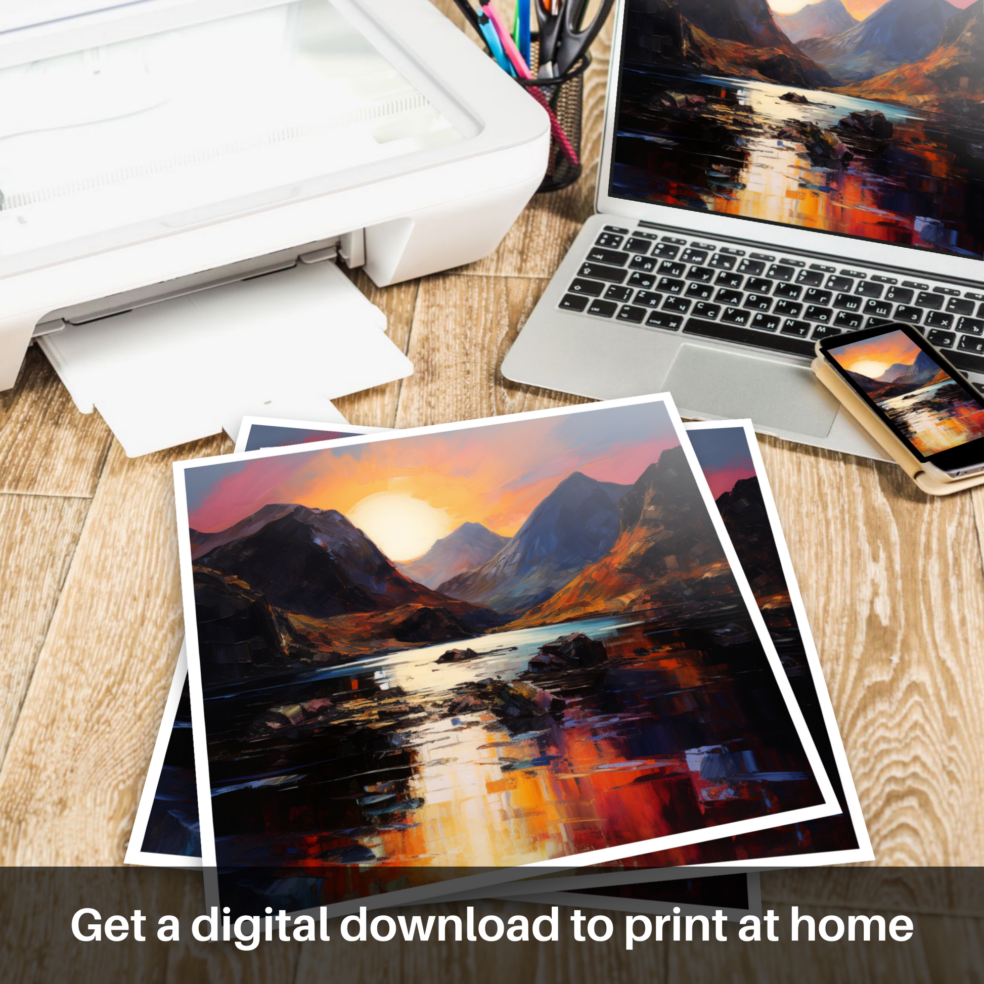 Downloadable and printable picture of Loch Coruisk at sunset