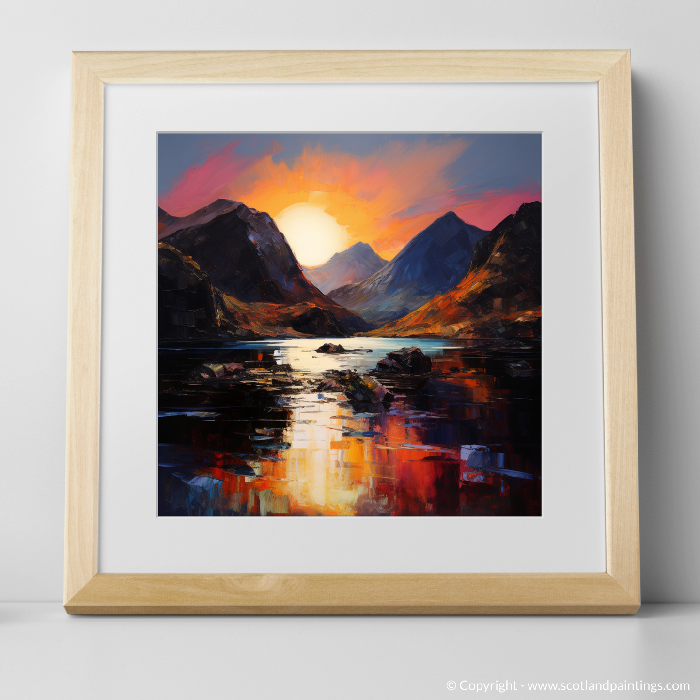 Art Print of Loch Coruisk at sunset with a natural frame