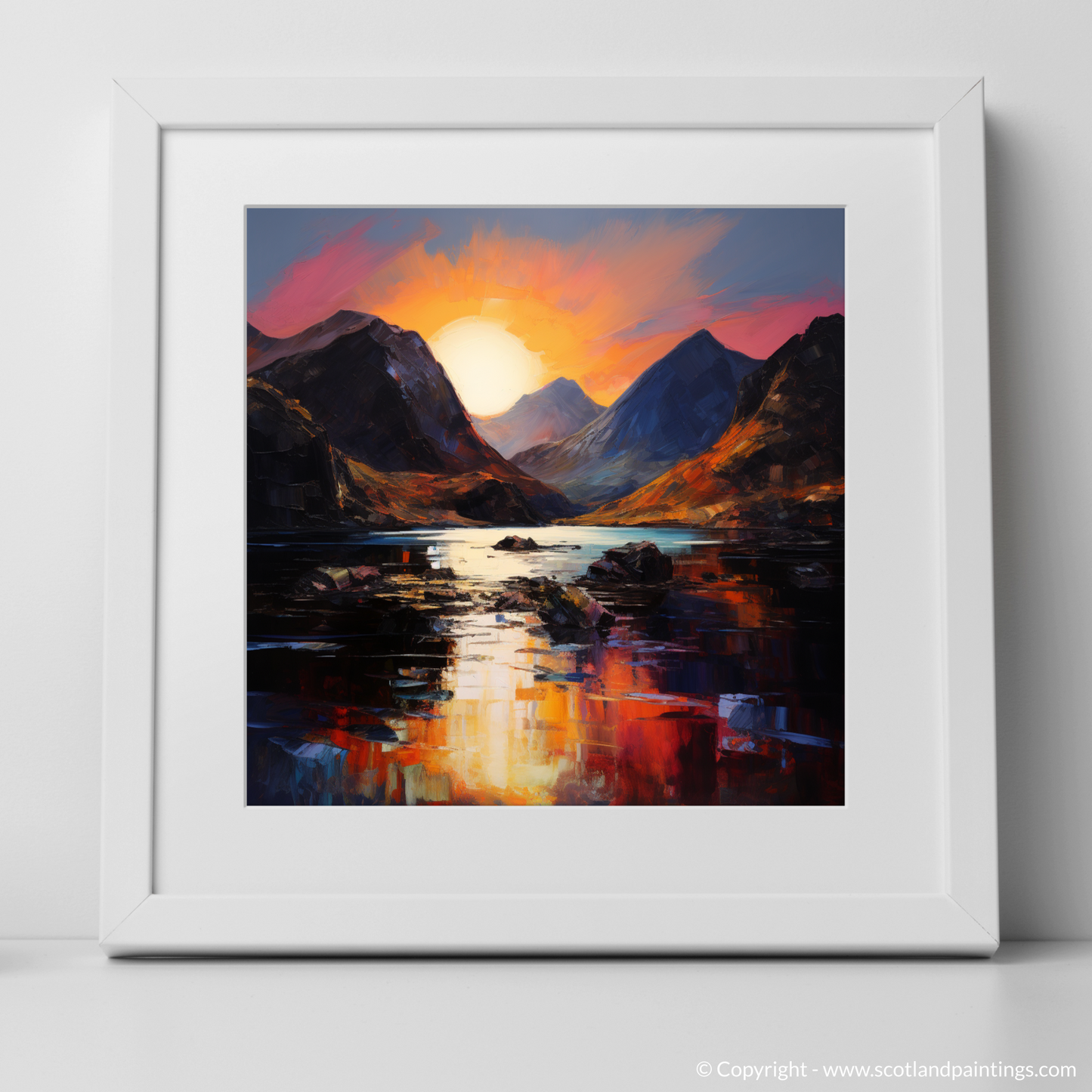 Art Print of Loch Coruisk at sunset with a white frame