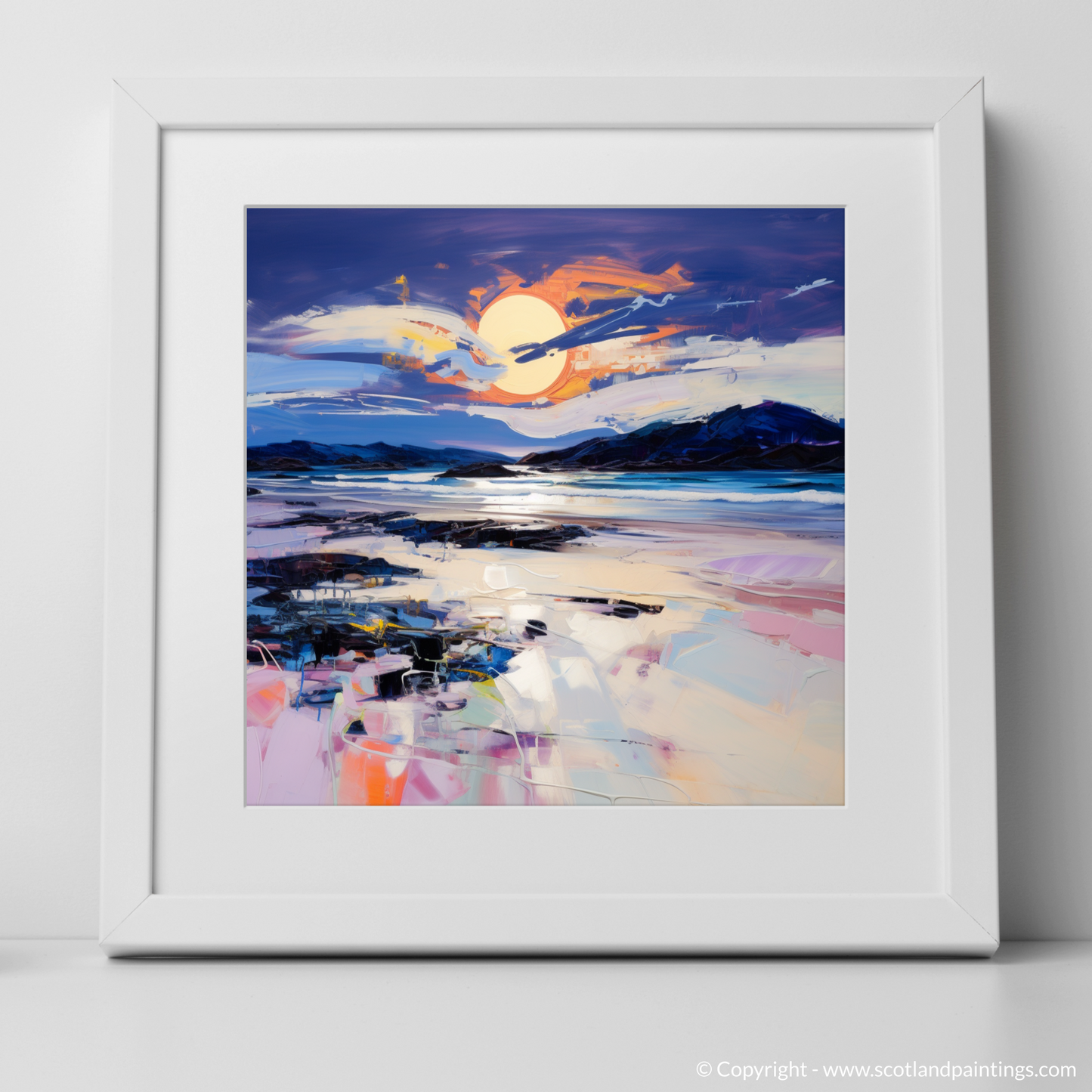 Art Print of Traigh Mhor at dusk with a white frame