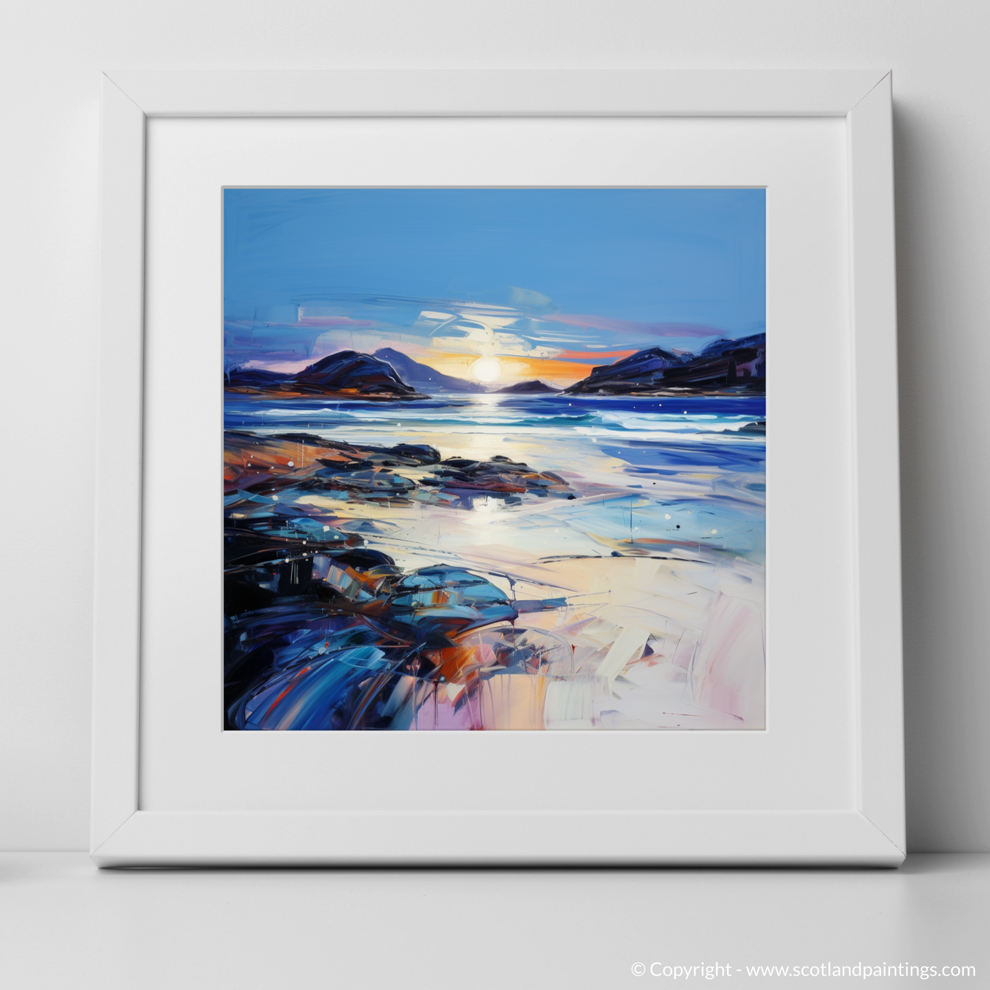 Art Print of Traigh Mhor at dusk with a white frame