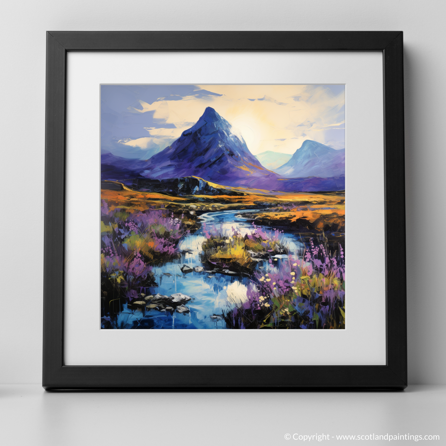 Art Print of Bluebells under Buachaille at dusk in Glencoe with a black frame